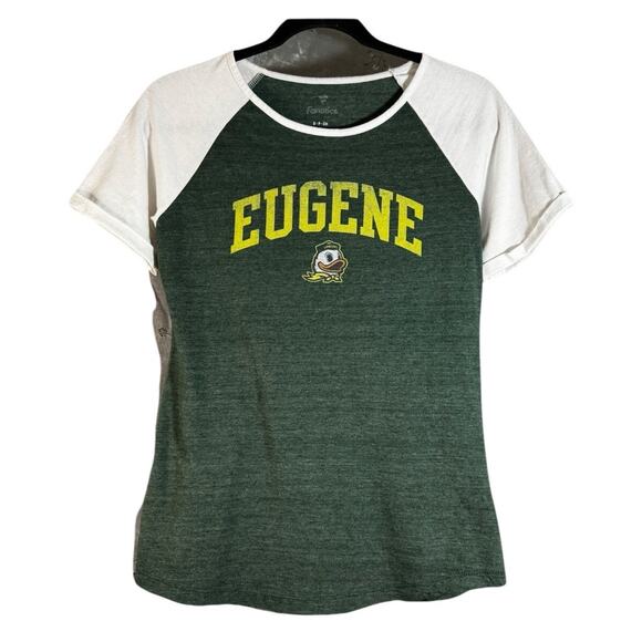 Oregon Duck Eugene Spell Womens Small Raglan Short Sleeve Shirt Logo Green White - Picture 1 of 4